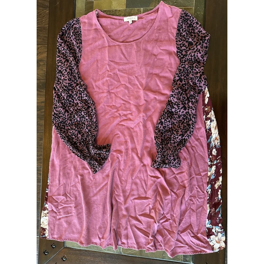 UMGEE + Dress Womens XL Pink Shift Linen Patchwork Sleeves Lagenlook Hippie Boho